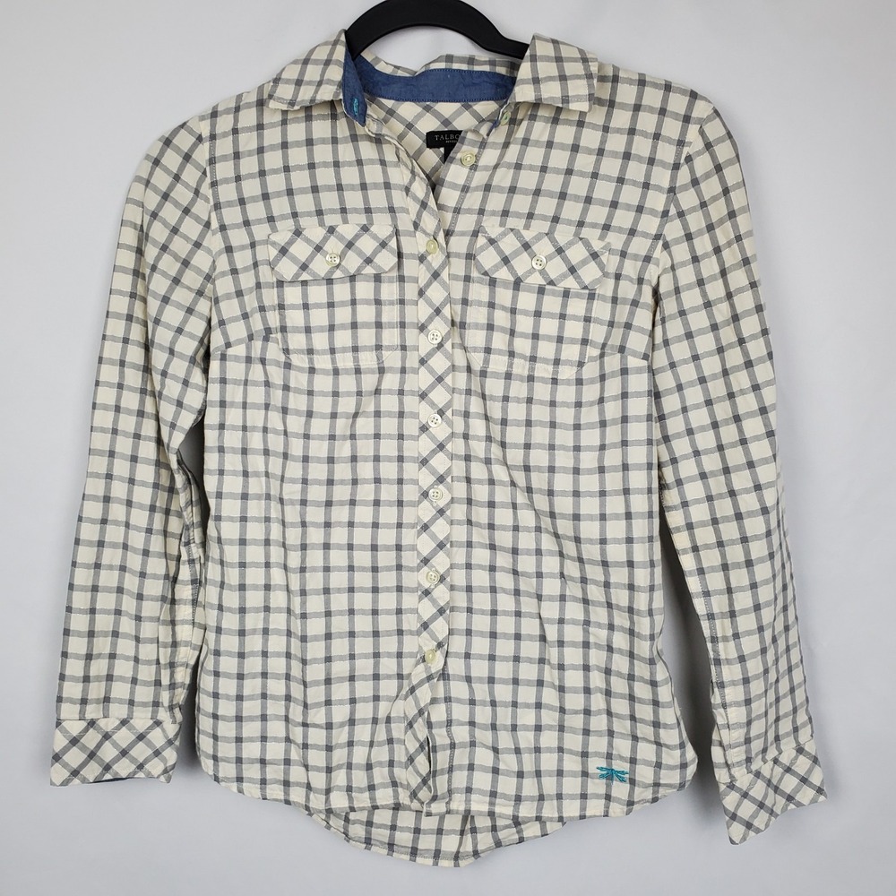Talbots Petite Womens‎ Size SP Metallic Plaid Button Down Shirt Gray White